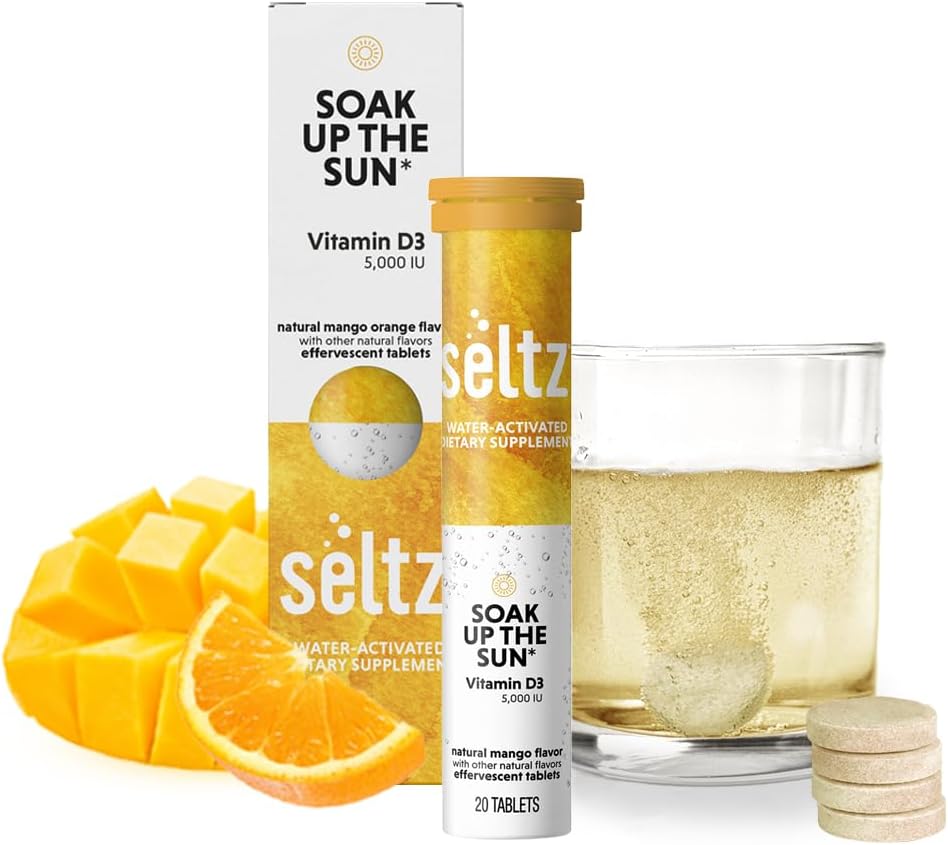 Seltz Vitamin D3 Drink Tablets - 5000 IU, Comprimidos Efervescentes, Sabor Mango Naranja, Sin Azúcar Añadido, 120 Comprimidos