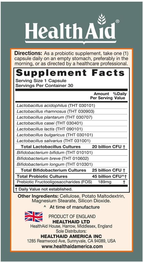 HealthAid Probiótico para Hombres 45.000M UFC – 10 Cepas con Prebiótico
