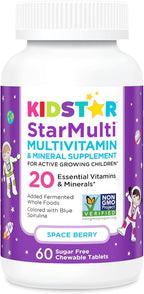 KidStar Nutrients StarMulti, Multivitamínico y Multimineral Masticable para Niños, con Alimentos Integrales Fermentados Orgánicos, Vegano, Sin Azúcar, Sabor Space Berry, 60 Comprimidos Masticables