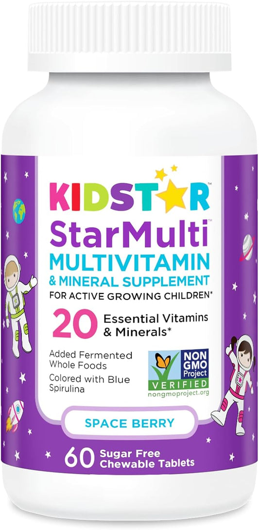 KidStar Nutrients StarMulti, Multivitamínico y Multimineral Masticable para Niños, con Alimentos Integrales Fermentados Orgánicos, Vegano, Sin Azúcar, Sabor Space Berry, 60 Comprimidos Masticables