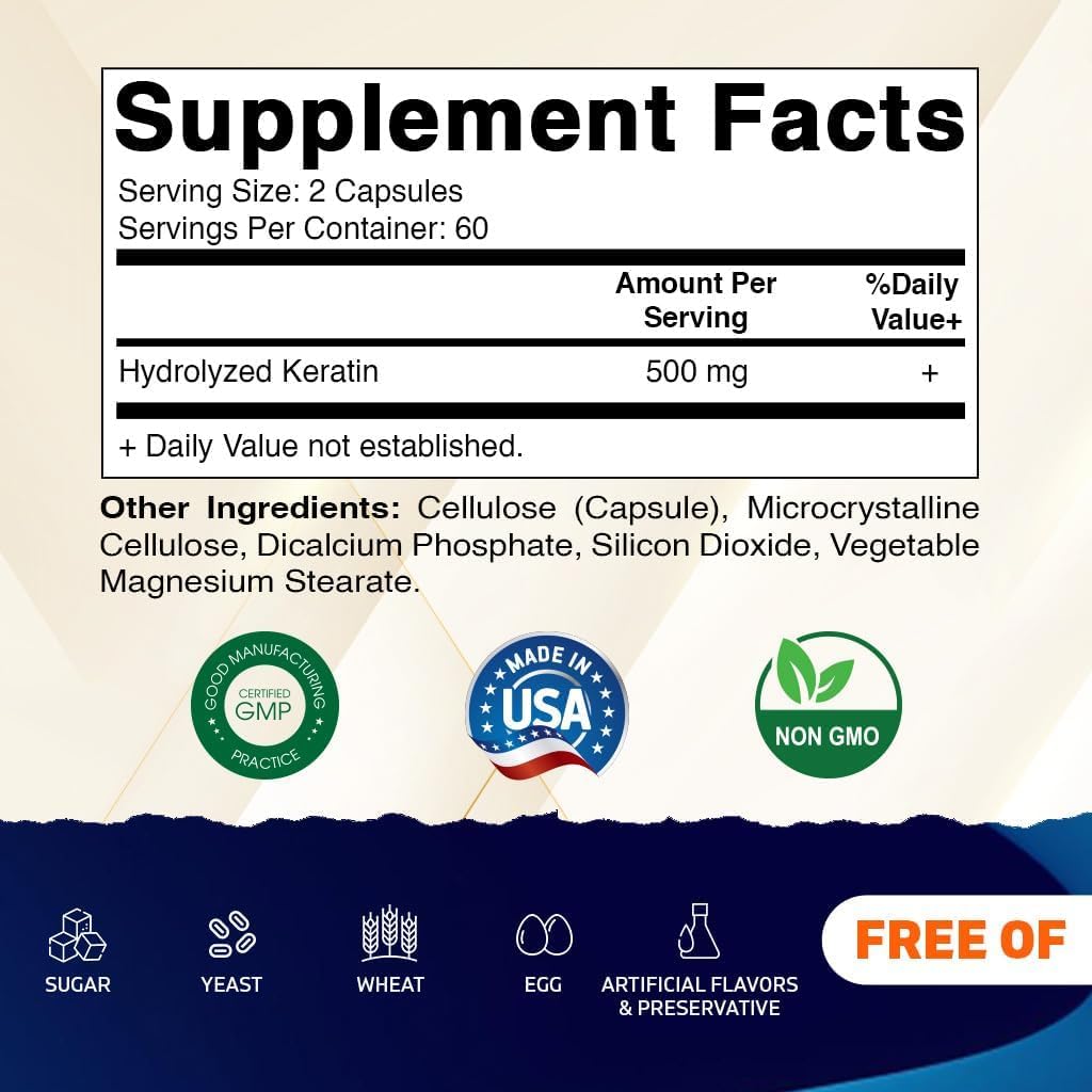 Vitamatic Queratina Hidrolizada 500mg por ración - 120 Cápsulas Vegetarianas - Suplemento de Queratina para Cabello, Piel y Uñas
