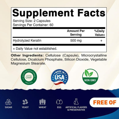 Vitamatic Queratina Hidrolizada 500mg por ración - 120 Cápsulas Vegetarianas - Suplemento de Queratina para Cabello, Piel y – Image 2