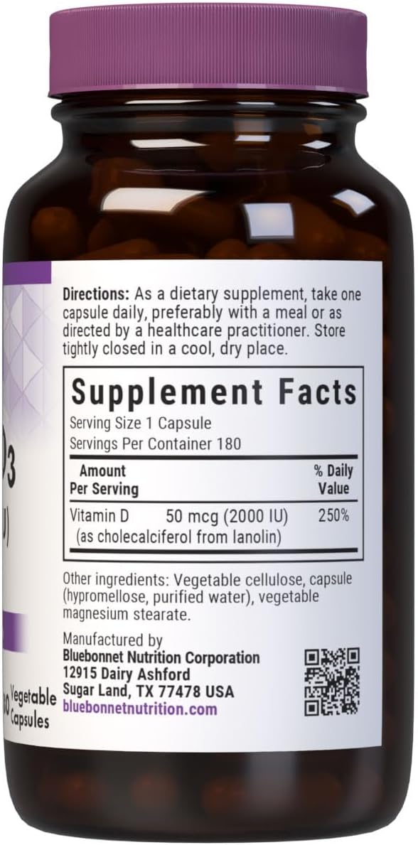 Bluebonnet Nutrition Vitamina D3 2000 UI, 180 Cápsulas Vegetales