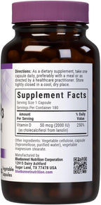 Bluebonnet Nutrition Vitamina D3 2000 UI, 180 Cápsulas Vegetales