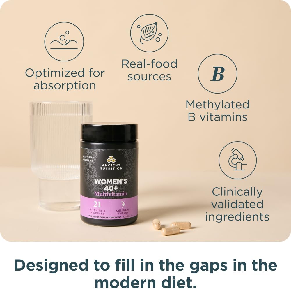 Ancient Nutrition Multivitamínico para Mujeres 40+, 90 Cápsulas - Apoyo Óseo e Inmunitario
