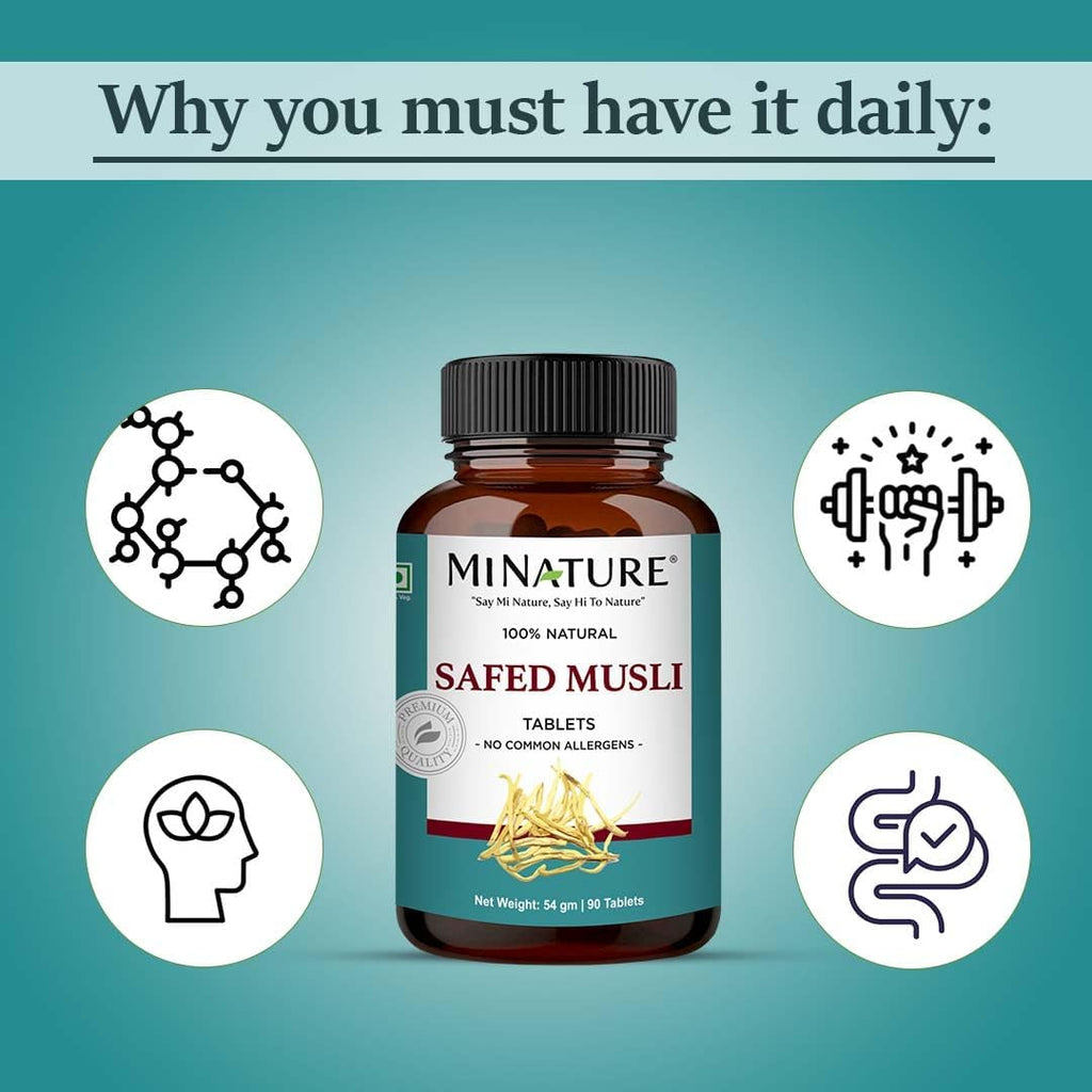 Safed Musli Tablets by mi Nature | Pura Hierba Natural | Sin Químicos ni Conservantes | Vegano y Sin Gluten | 90 Tablet, 45 Días de Suministro 1000mg