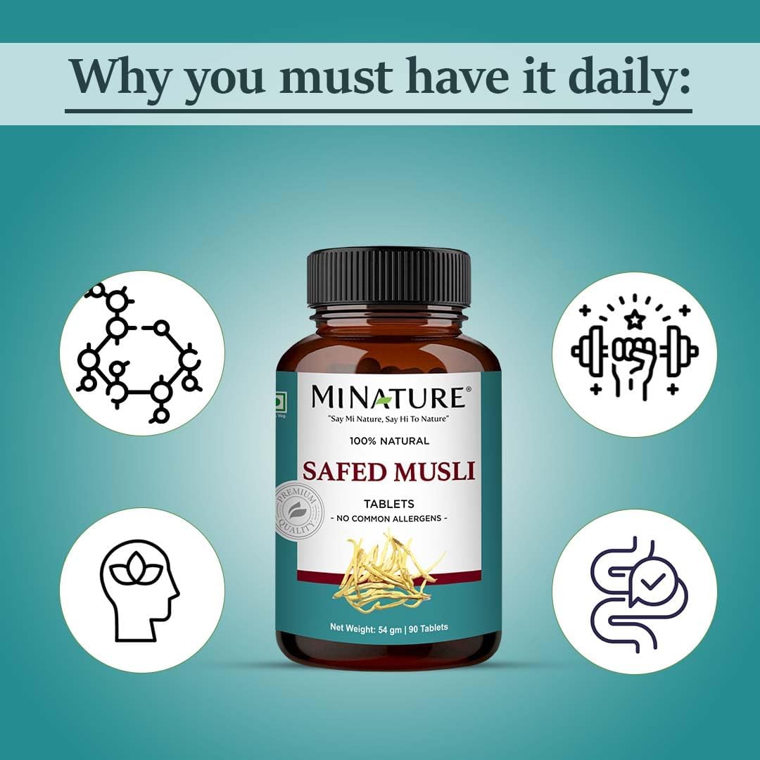 Safed Musli Tablets by mi Nature | Pura Hierba Natural | Sin Químicos ni Conservantes | Vegano y Sin Gluten | 90 Tablet, 45 Días de Suministro 1000mg