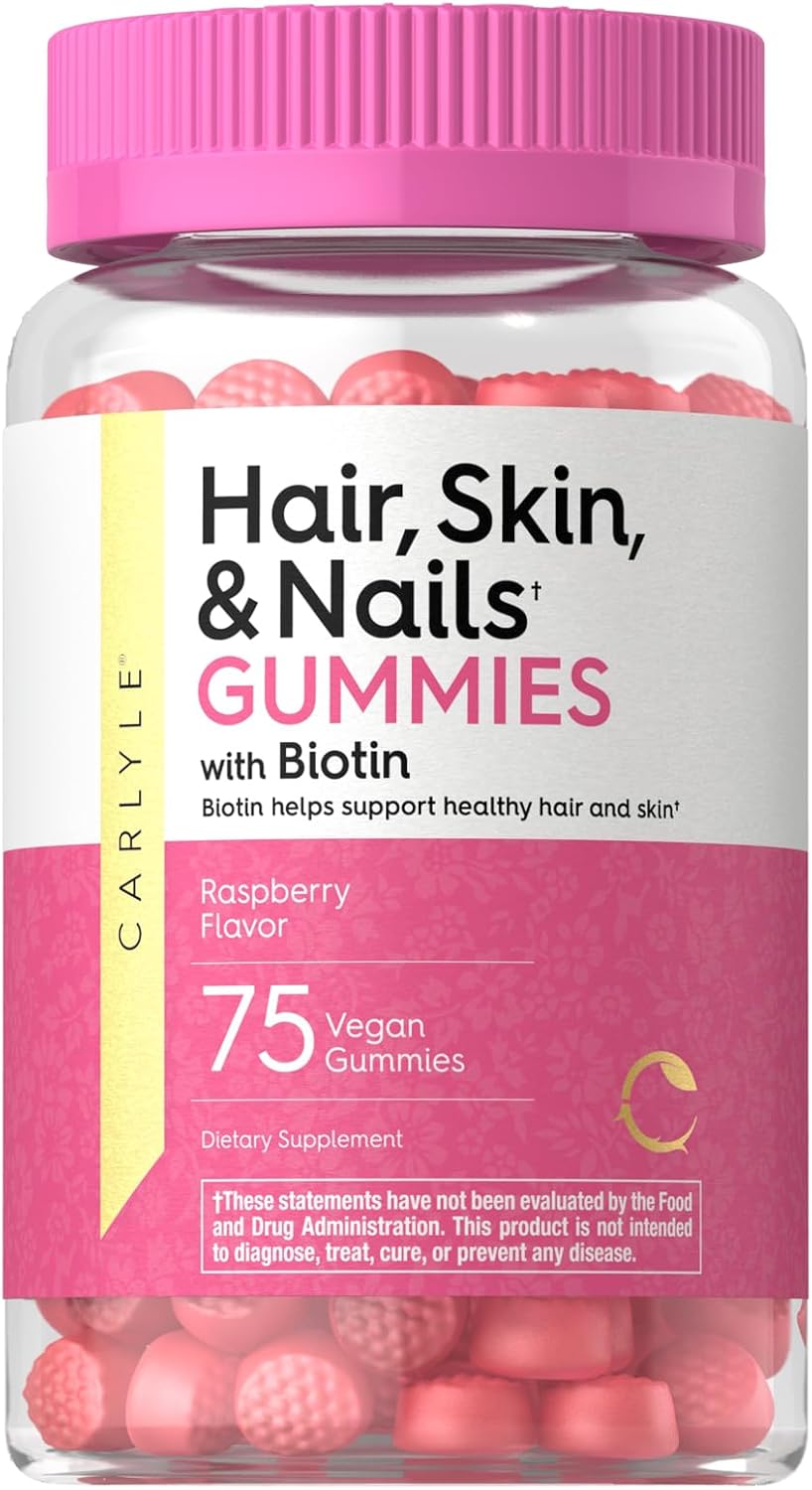 Carlyle Biotina 2500mcg para Cabello, Piel y Uñas - 75 Gominolas con Vitamina C y E, Sabor Frambuesa