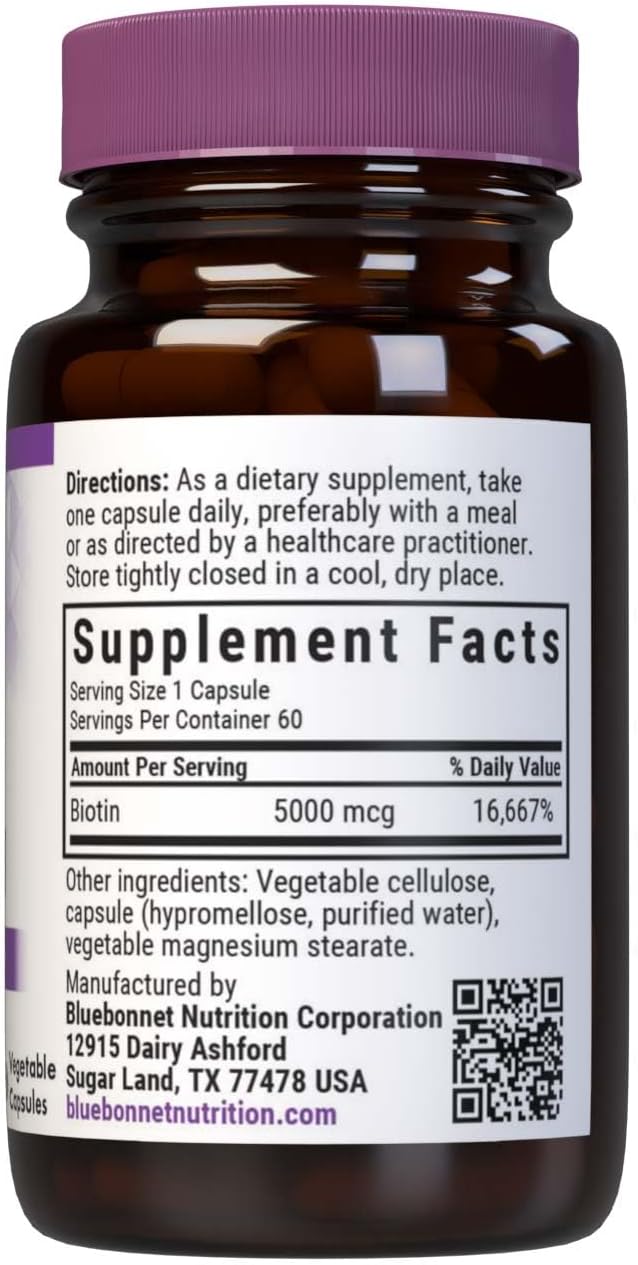 Bluebonnet Biotin 5000 mcg – Apoyo para el Cabello y las Uñas, 60 Cápsulas Vegetales