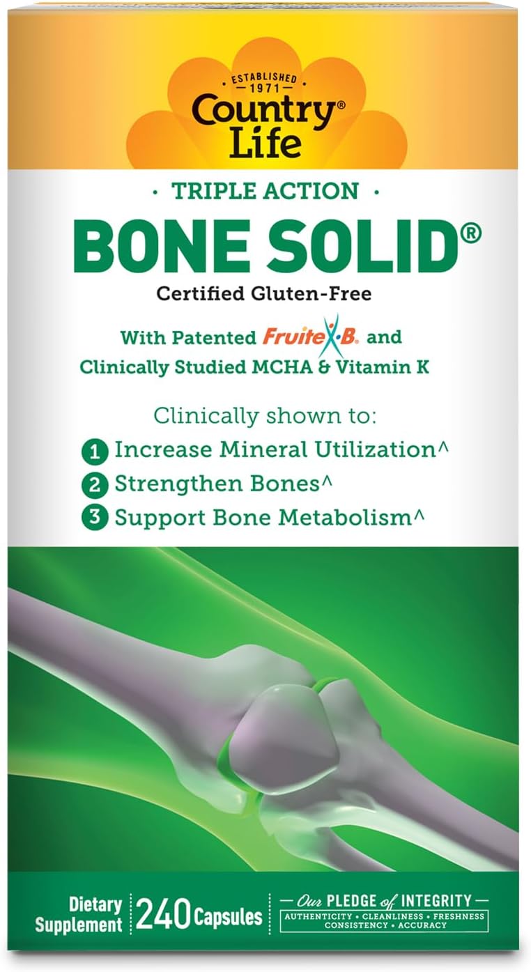 Country Life Bone Solid - Suplemento para la salud ósea con MCHA, Calcio, Magnesio, Zinc, Vitaminas K2 y D3 - 240 cápsulas