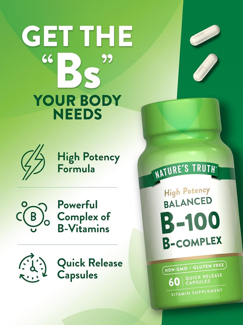 Nature's Truth Complejo B-100 Alta Potencia Equilibrado, 60 Comprimidos (Pack de 3)