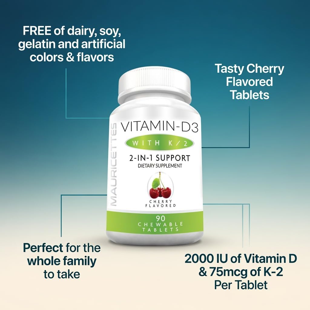 Mauricettes Vitamina D3 + K2 (MK-7) Masticable, 2000 UI, 90 Comprimidos con Sabor a Cereza