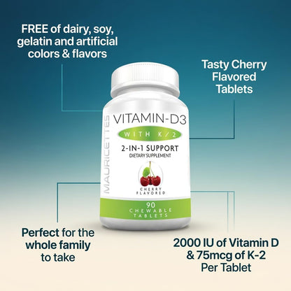 Mauricettes Vitamina D3 + K2 (MK-7) Masticable, 2000 UI, 90 Comprimidos con Sabor a Cereza – Image 3