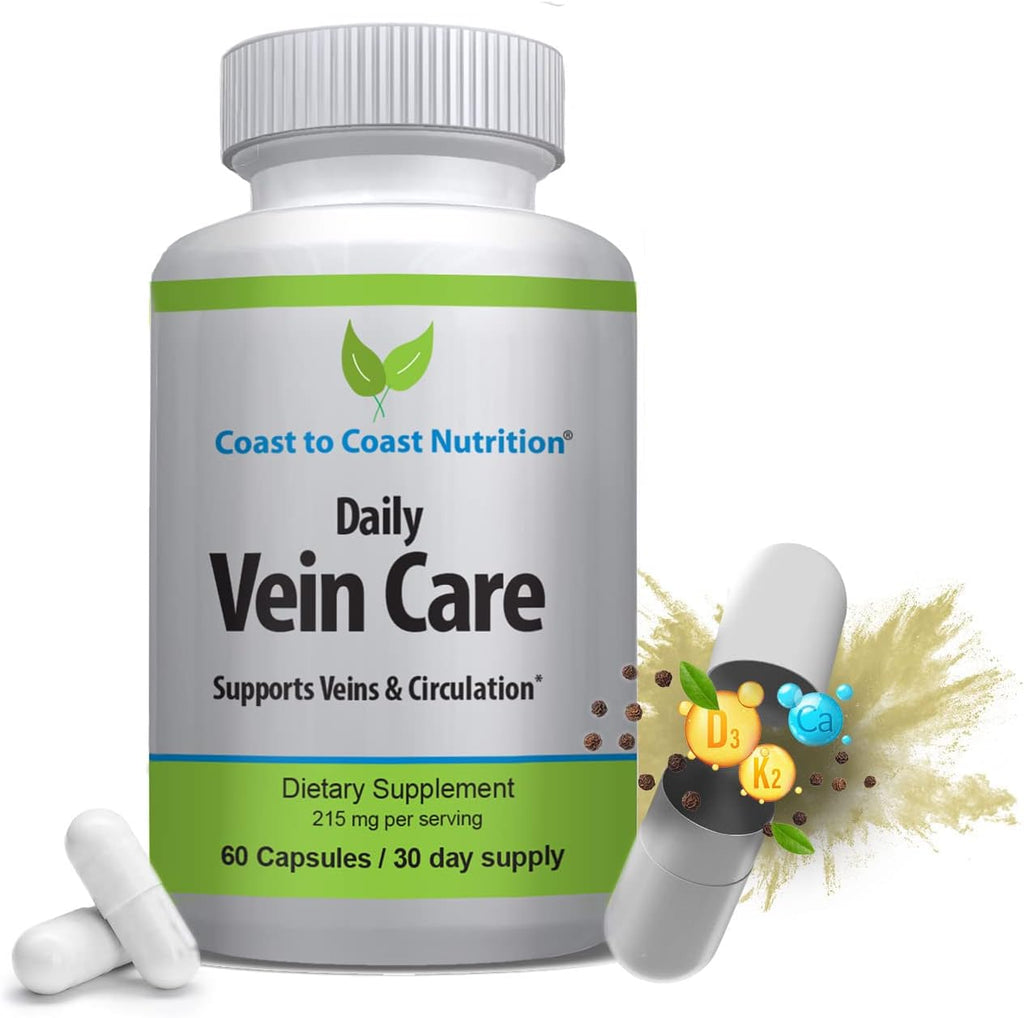 Daily Vein Care Supplement Capsules — Fórmula de Circulación con Calcio, Vitamina D3, Vitamina K2 y BioPerine para Máxima Absorción — 60 Cápsulas