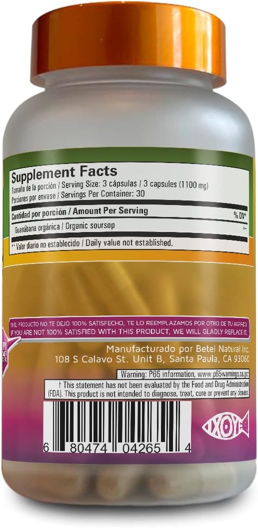 Betel Natural Guanábana Graviola Cápsulas - 1500 mg por Porción - 90 Cápsulas