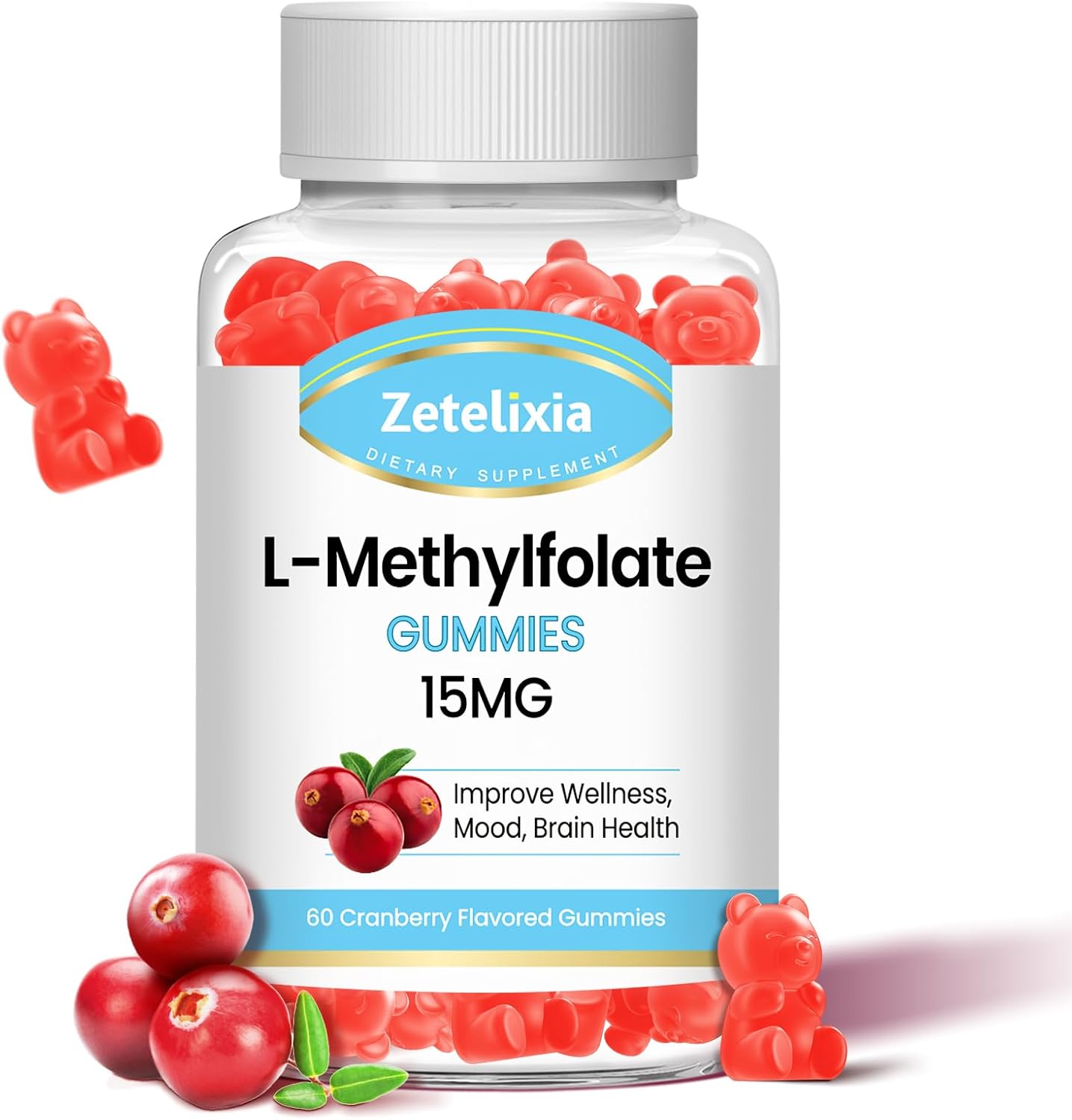 Zetelixia L-Metilfolato 15mg y Metil B12 Gomitas, Sabor Arándano, 60 Unidades