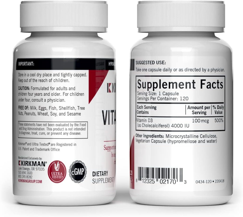 Kirkman Vitamina D-3 4000 IU - Cápsulas Vegetales Hipoalergénicas, 120 uds.