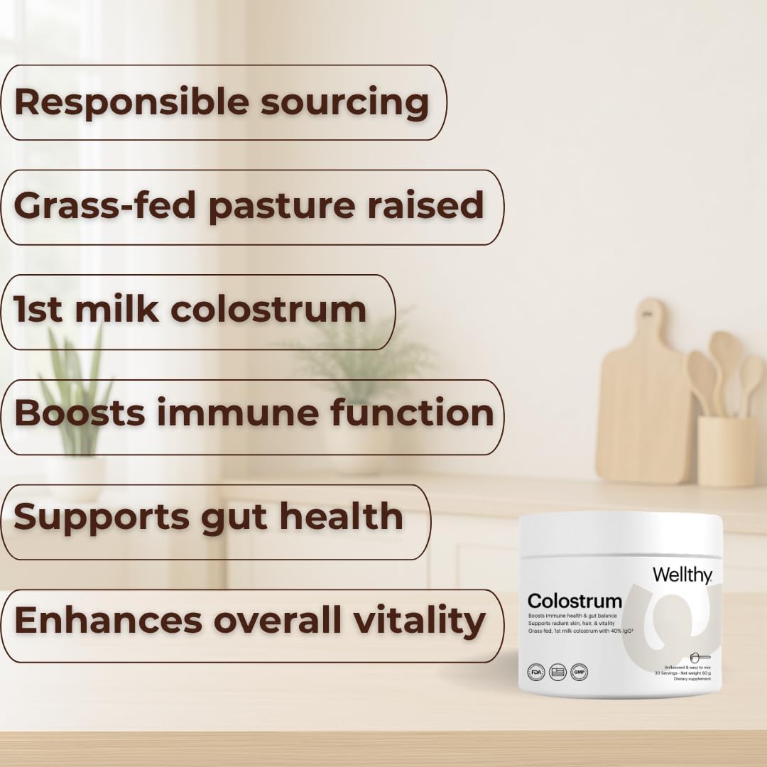 Wellthy Calostro en Polvo – Grass-Fed, 40% IgG – Apoyo Inmunitario, Salud Intestinal y Piel Radiante – 30 Dosis – Fabricado en EE.UU.