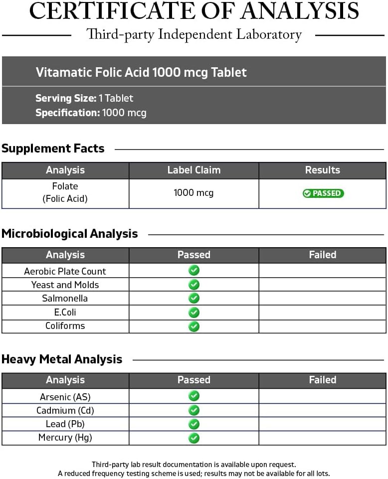 Ácido Fólico 1000 mcg (1 mg) - 240 Comprimidos Vegetarianos - Vitamatic