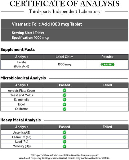 Ácido Fólico 1000 mcg (1 mg) - 240 – Fórmula limpia: Libre de azúcar, levadura, soja, trigo, huevo, colorantes – Image 3