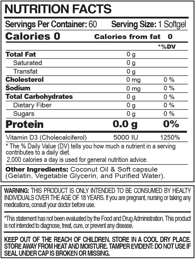 Premium Vitamina D3 5000 IU con Aceite de Coco - 60 Cápsulas (Pack de 2)