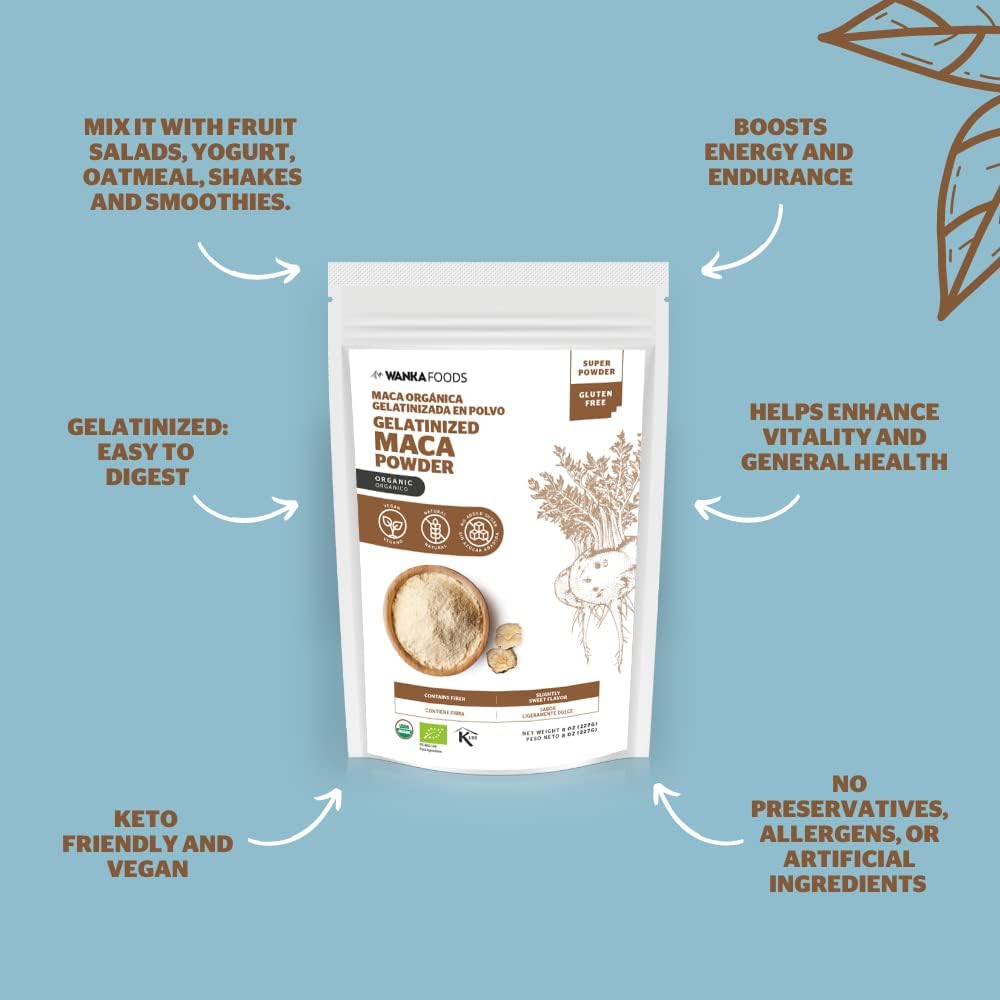 WANKA FOODS Maca Orgánica Gelatinizada en Polvo – 227g (8oz)