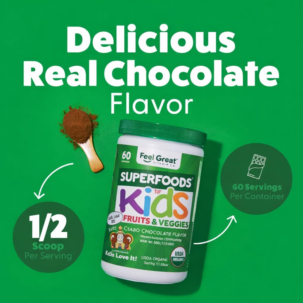 Feel Great Super Greens en Polvo Orgánico USDA para Niños, Sabor Chocolate, Suplemento de Frutas y Verduras con Probióticos y Enzimas Digestivas, 60 Días