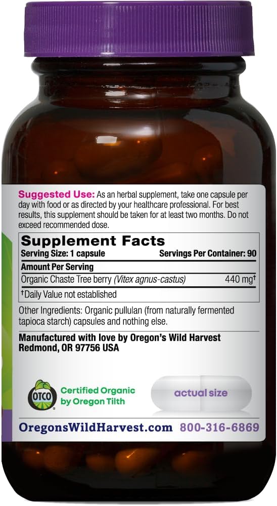 Oregon's Wild Harvest Cápsulas de Sauzgatillo No Transgénico, Suplemento Herbal Orgánico, 90 Cápsulas