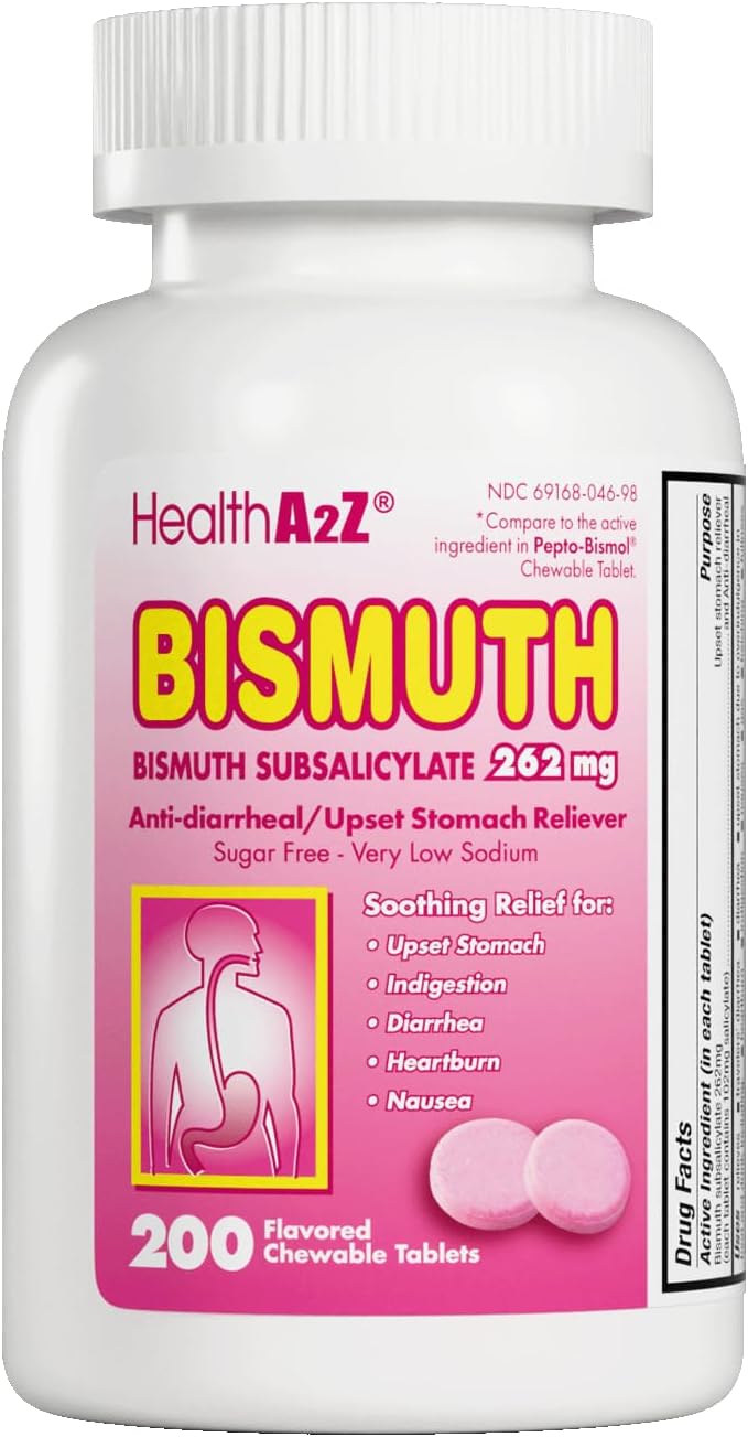 HealthA2Z® Bismuto | Subsalicilato de Bismuto 262 mg | Alivio Multisintomático | 50 Comprimidos Masticables