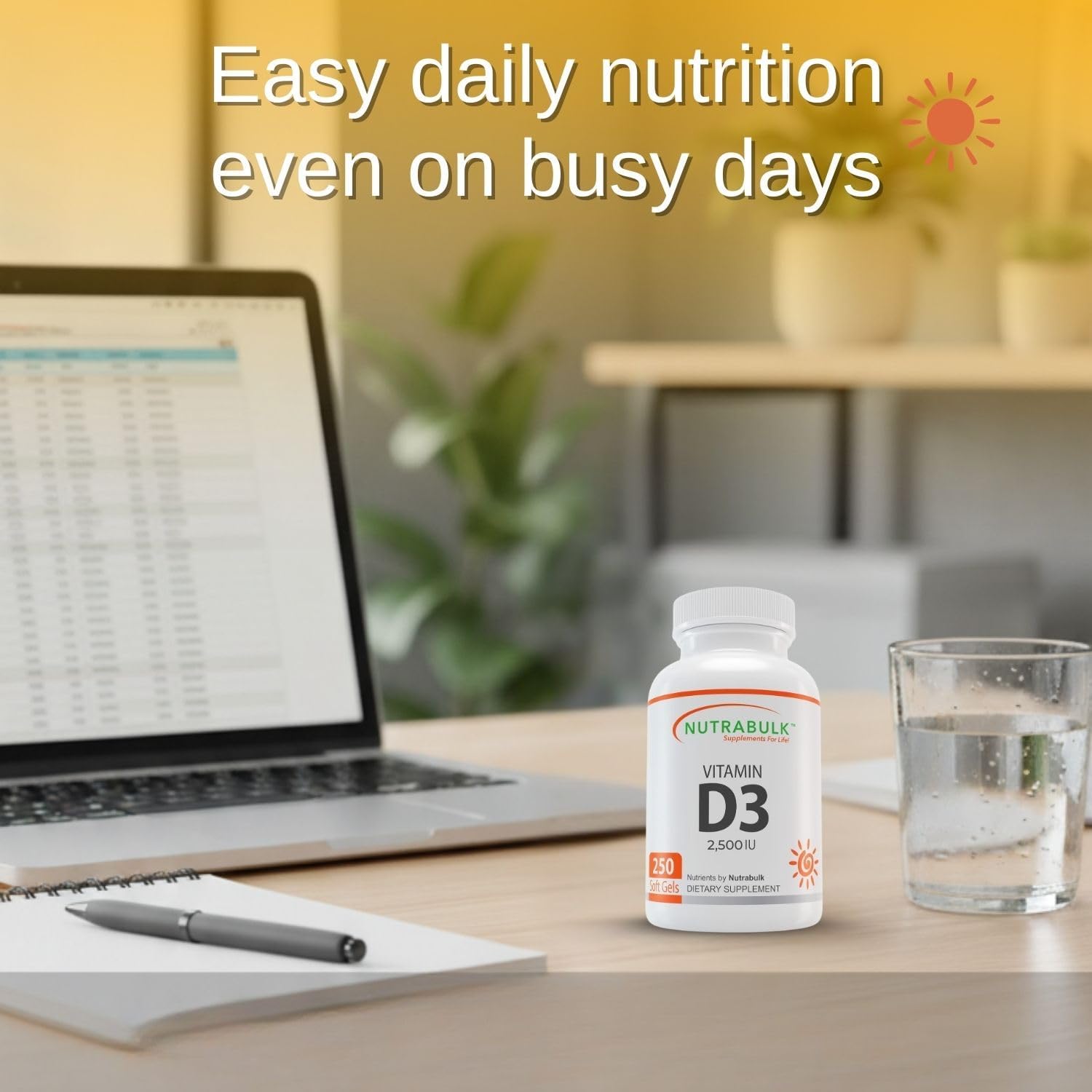 NutraBulk Vitamina D3 2500 UI - 250 Cápsulas Blandas - Alta Potencia - No-GMO, Sin Gluten, Hecho en EE.UU.