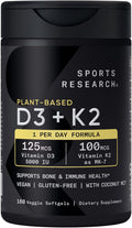 Sports Research Vitamina D3 K2 con 5000 UI de D3 vegetal y 100 mcg de Vitamina K2 como MK-7, Verificado No GMO y Certificado Vegano - 160 Cápsulas Blandas Líquidas