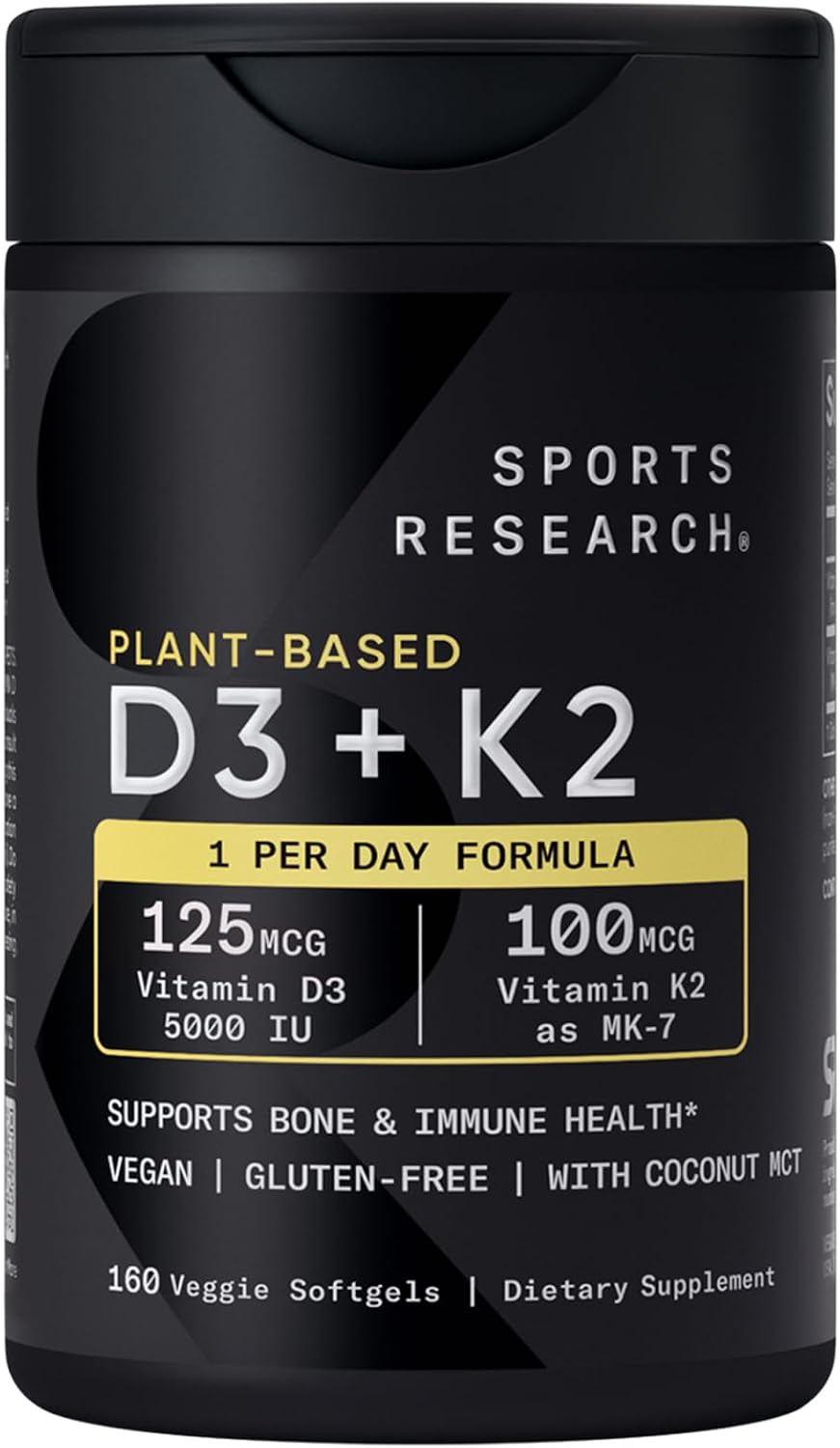 Sports Research Vitamina D3 K2 con 5000 UI de D3 vegetal y 100 mcg de Vitamina K2 como MK-7, Verificado No GMO y Certificado Vegano - 160 Cápsulas Blandas Líquidas