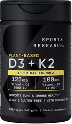 Sports Research Vitamina D3 K2 con 5000 UI de D3 Vegetal y 100 mcg de Vitamina K2 MK-7, No-GMO y Vegano - 160 Cápsulas Blandas