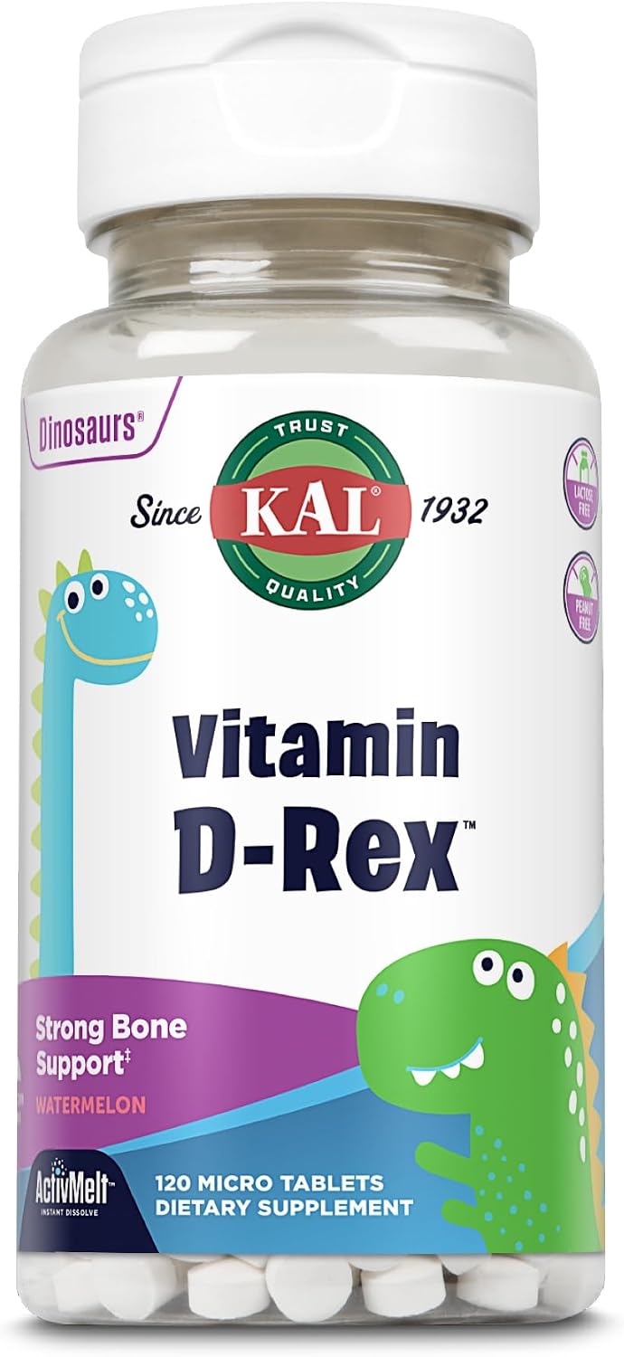 KAL Vitamin D-Rex, Vitamina D para Niños, Sabor Sandía Natural, 120 Micro Tabletas de Disolución Instantánea
