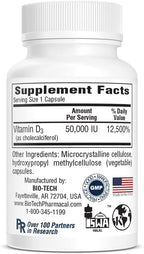 Bio-Tech Pharmacal D3-50 50,000 IU - 100 Cápsulas Vegetales - Suplemento de Vitamina D3