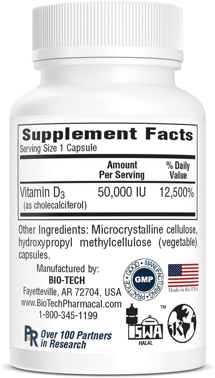 Bio-Tech Pharmacal D3-50 50,000 IU - 100 Cápsulas Vegetales - Suplemento de Vitamina D3