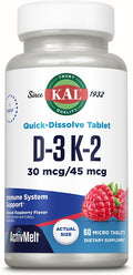 KAL Vitamina D3 K2 ActivMelt - Complemento con D3 y K2 MK-7, Comprimidos de disolución rápida, Sabor natural a frambuesa, 60 dosis