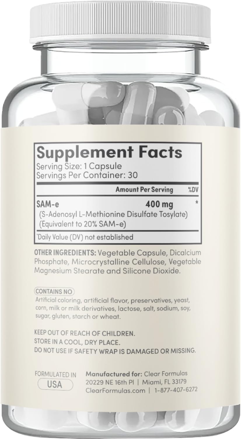 Clear Formulas Bioactive SAM-e 400mg - Suplemento de SAM-e de Alta Potencia con Forma S,S Activa - Vegano, Sin Gluten - 30 Cápsulas
