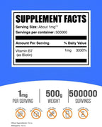 BulkSupplements.com Biotina Pura en Polvo - Vitamina B7, 500g