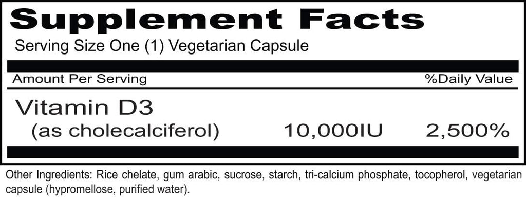Priority One Vitamins Sun D3 10.000 UI, 90 Cápsulas Vegetarianas - Forma más biodisponible de Vitamina D (Colecalciferol)