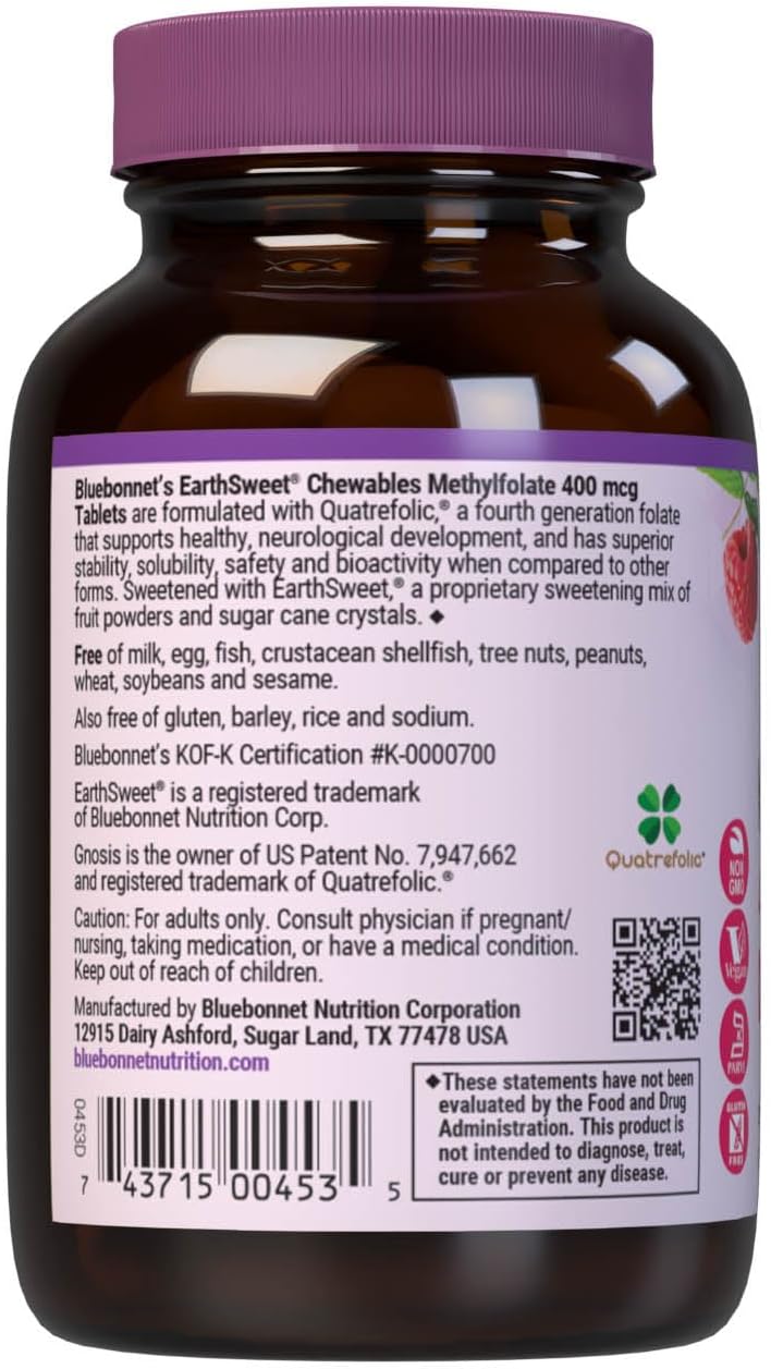 Bluebonnet EarthSweet Methylfolate 400 mcg – Folato activo 5-MTHF, 90 comprimidos masticables sabor frambuesa