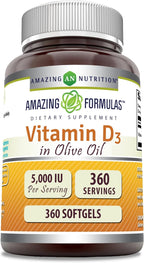 Amazing Formulas Vitamin D3 in Olive Oil 5000 IU | 360 Softgels | Non-GMO | Gluten-Free