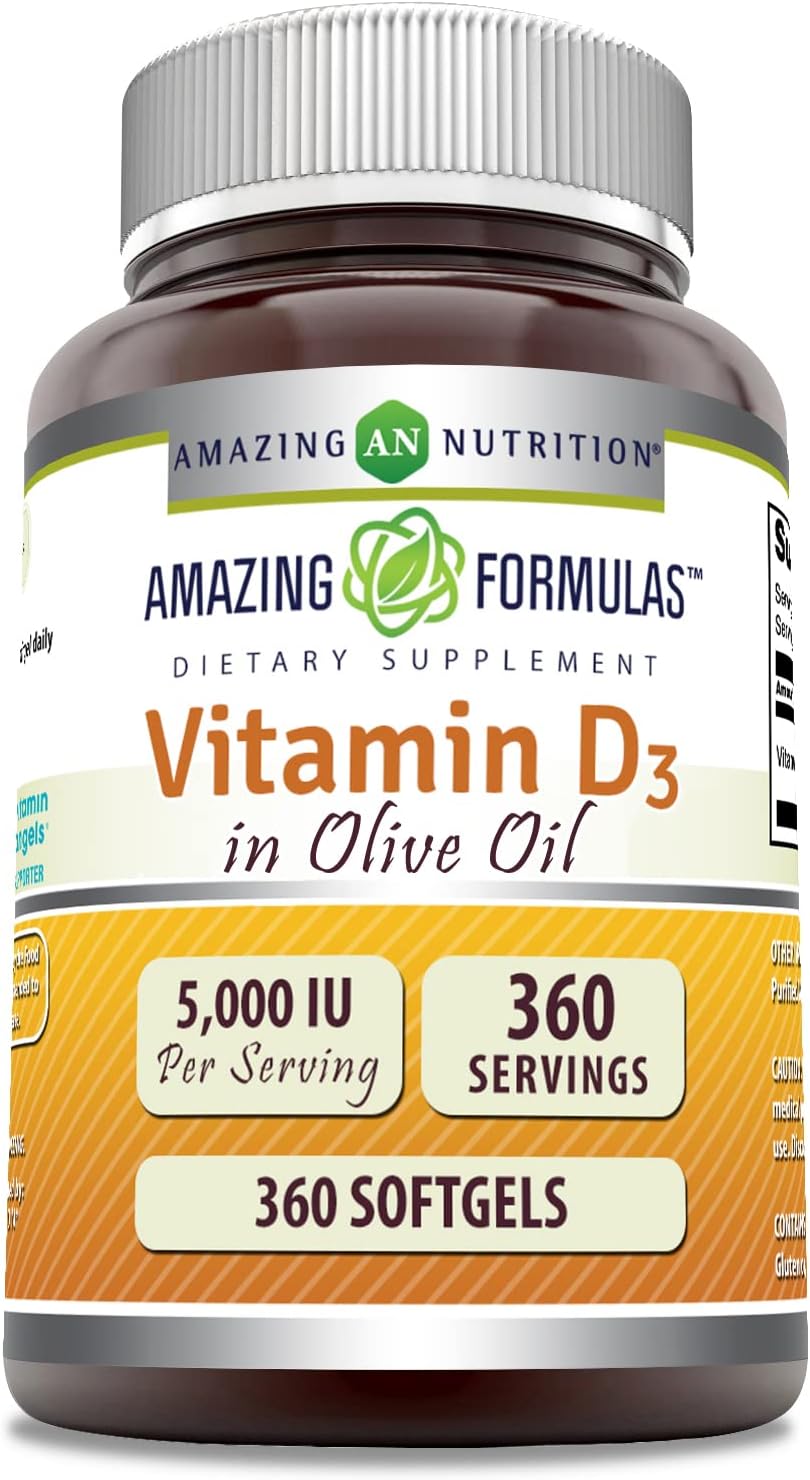 Amazing Formulas Vitamin D3 in Olive Oil 5000 IU | 360 Softgels | Non-GMO | Gluten-Free