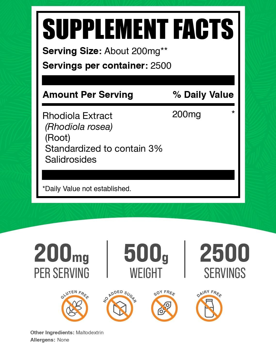 BulkSupplements Extracto de Rhodiola Rosea en Polvo - 3% Salidrósidos, 200 mg por porción, 500 g
