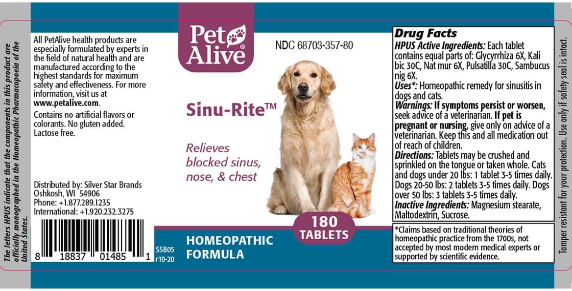 PetAlive Sinu-Rite - Alivio de la Congestión Nasal para Perros y Gatos - 180 comprimidos homeopáticos