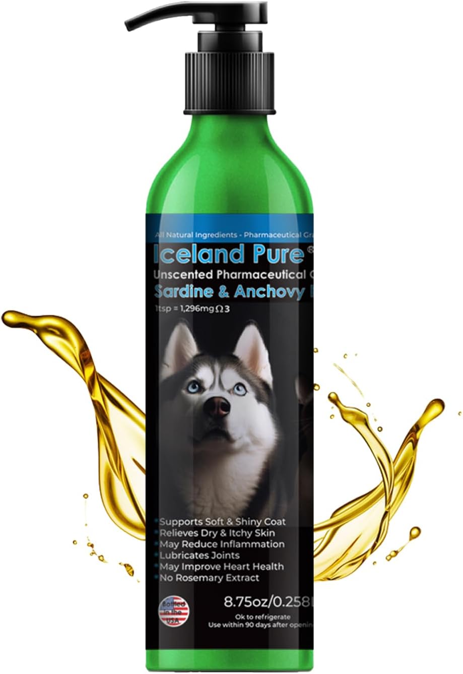 Aceite de Sardina y Anchoa | 1296 mg Omega | Grado Farmacéutico Sin Olor | Para Perros y Gatos | Botella de Aluminio Cepillado con Recubrimiento Epoxi sin BPA con Dosificador 33 OZ