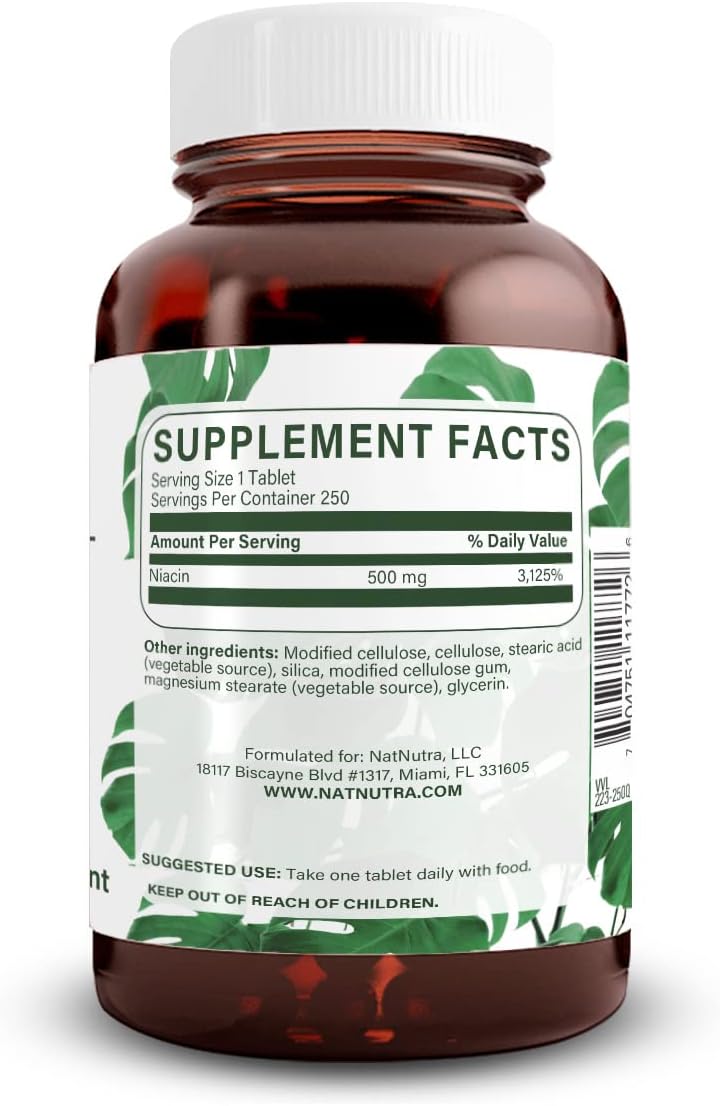 Natural Nutra Niacina 500mg Liberación Prolongada (Vitamina B3) - 250 Comprimidos Veganos
