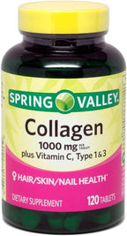 Colágeno Spring Valley 1000 mg por comprimido, con vitamina C, tipo 1 y 3, 120 comprimidos