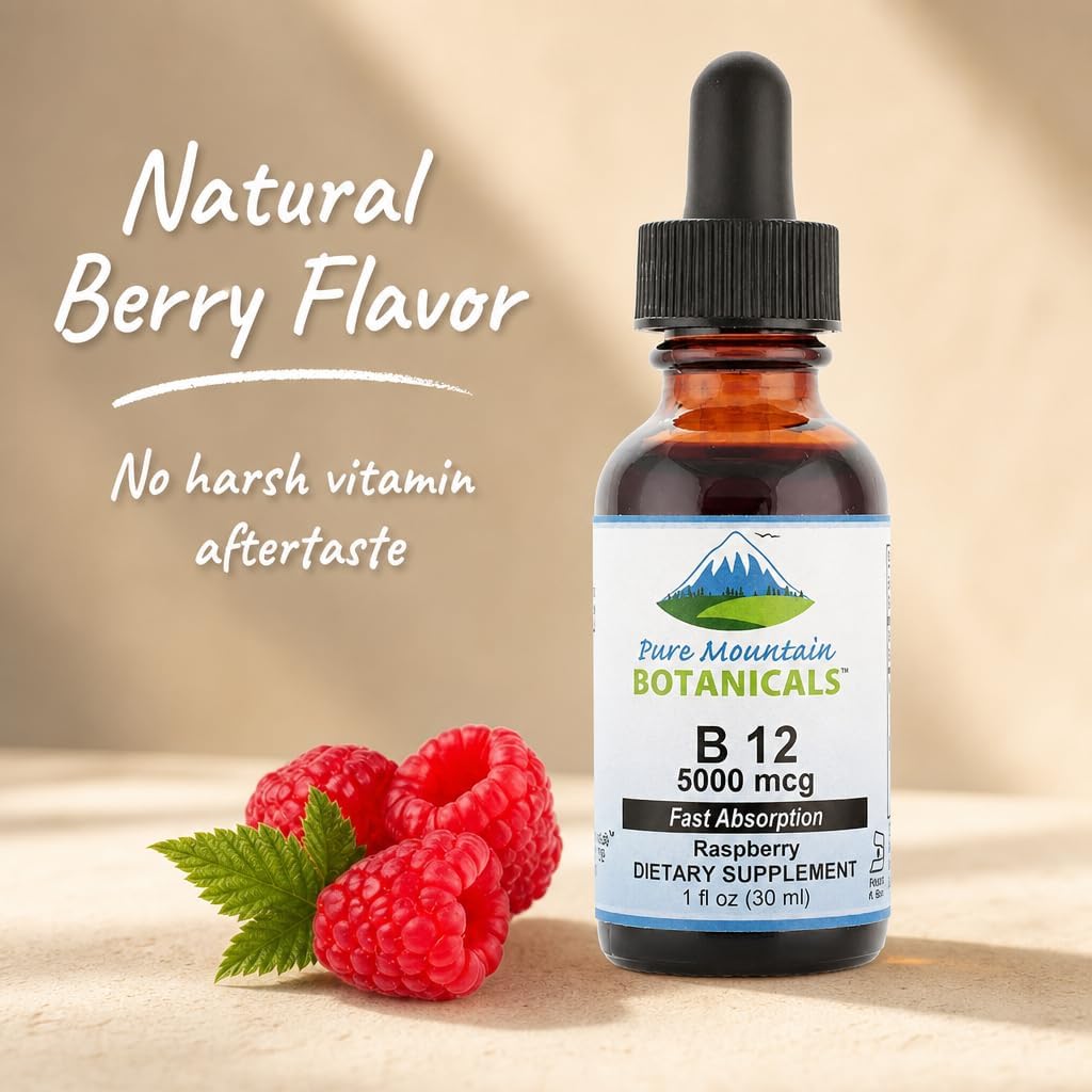 Pure Mountain Botanicals Vitamina B12 5000 mcg Gotas Líquidas – Sabor Natural a Bayas – 30 Dosis