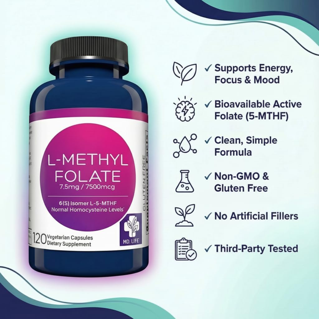 MD Life L-Metilfolato 7.5 mg - 120 Cápsulas - Forma Activa de Folato con Aminoácidos Esenciales